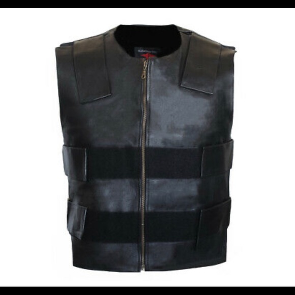Men Tactical Bullet Proof Style Motorcycle Biker Concealed Carry Leather Vest - Picture 2 of 5